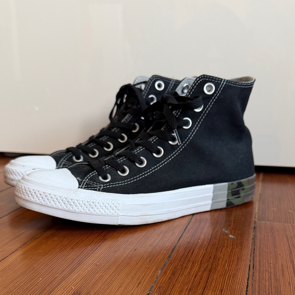 Black High-top Converse with camouflage heel